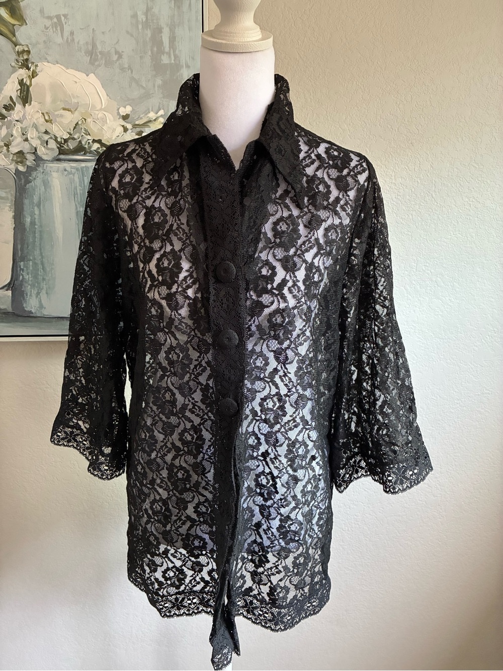 Vintage Cattani Of California Sheer Black Lace Button-Front Blouse View 3